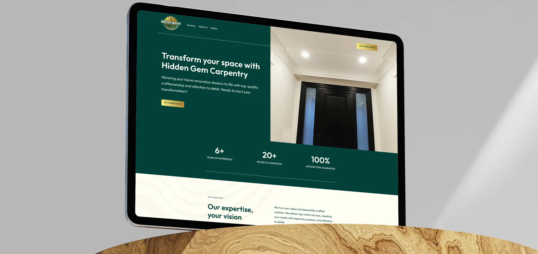 Hidden Gem Carpentry website on a tablet